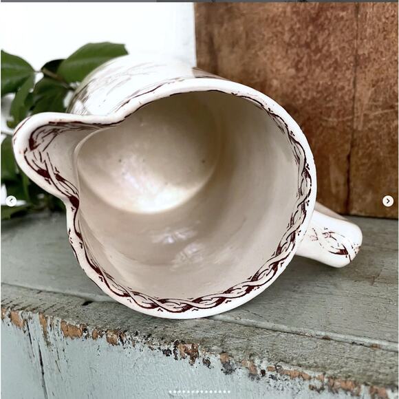 Vintage Ironstone Brown Transferware Pitcher Aesthetic Bird Stained Crazed - Picture 8 of 9